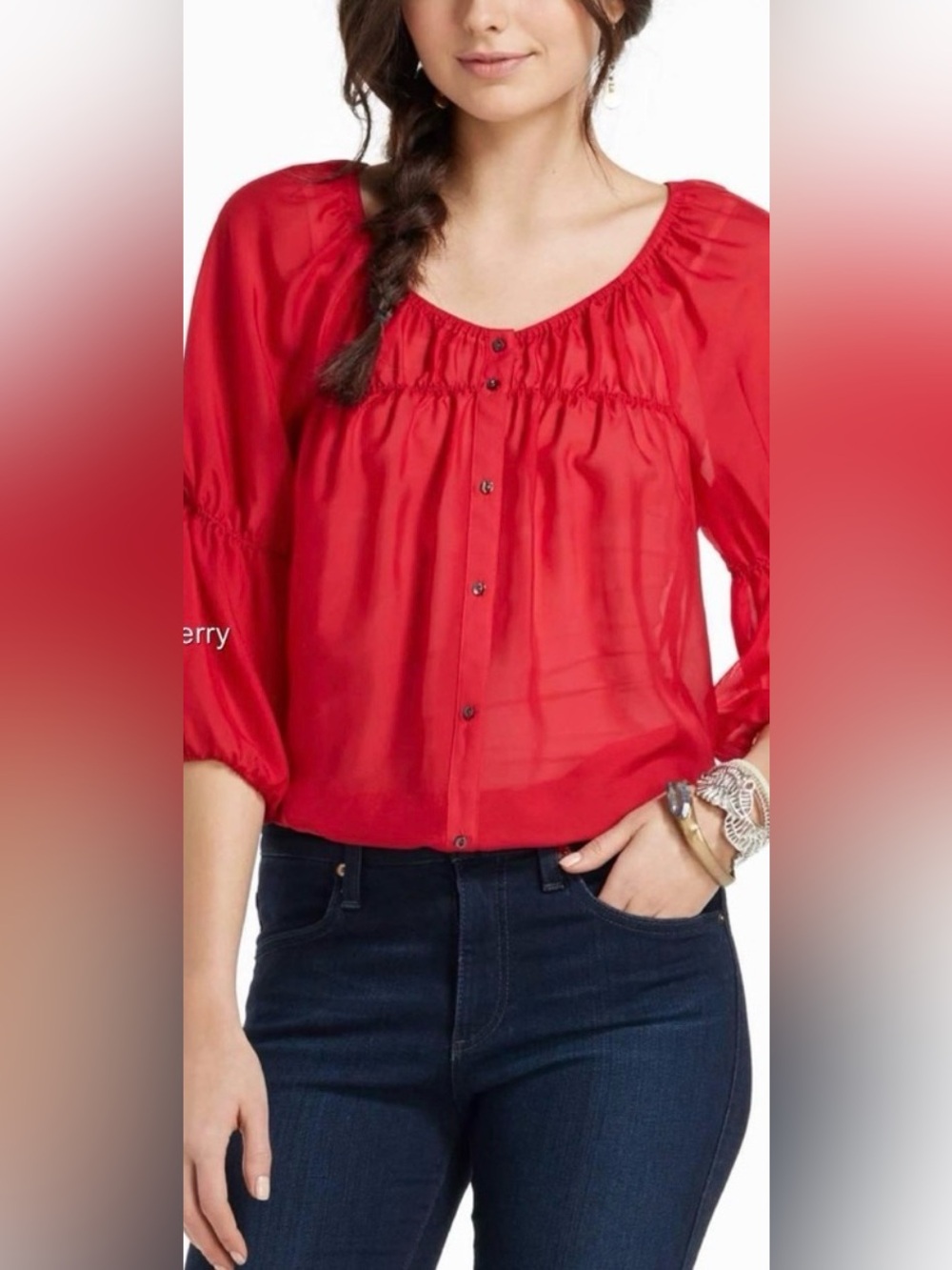 Anthropologie‎ Vanessa Virginia Red Blouse Size Small Semi Sheer Peasant Silk